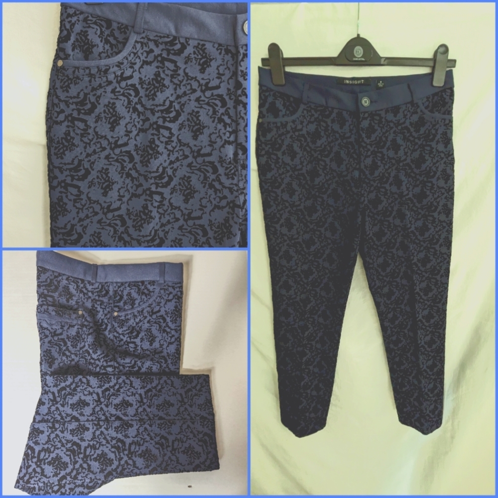 INSIGHT black velvet brocade on navy pants sz 8